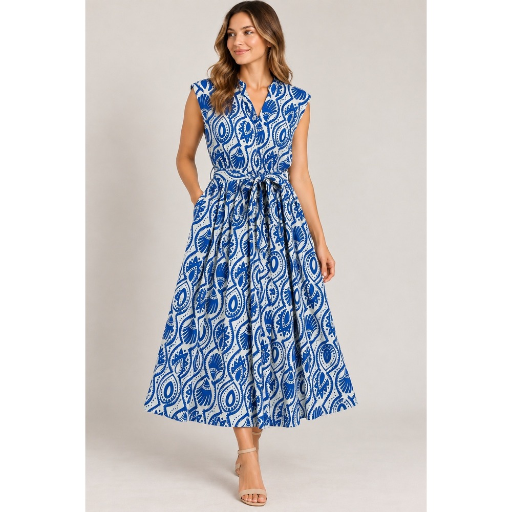 Compañía Fantástica Midi Dress Womens Small Blue Paisley Cotton Tie Waist V-Neck